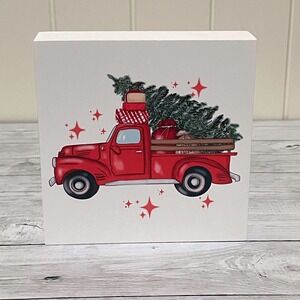 Christmas Red Truck Wood Block Sign Holiday Farmhouse Decor 5 Inch Square NEW